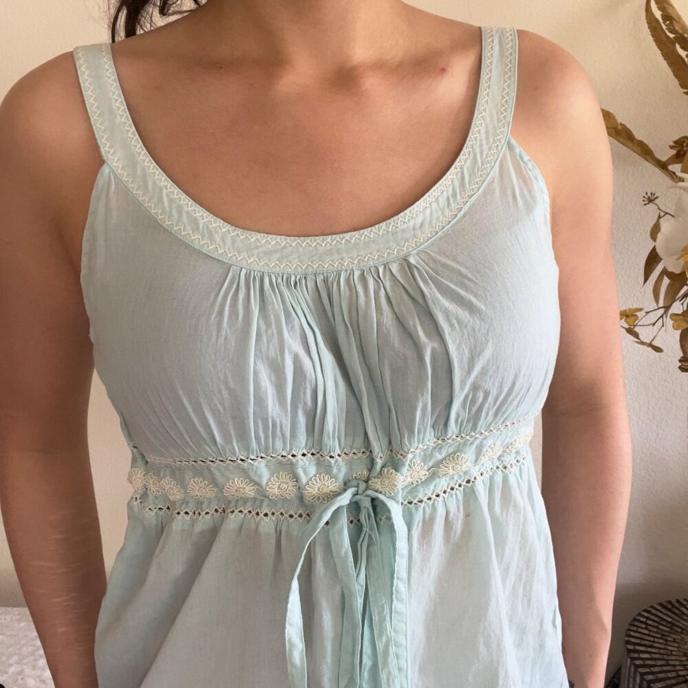 Old Navy Baby Blue Y2K Babydoll Embroidered Front-Tie Top - Picture 2 of 8